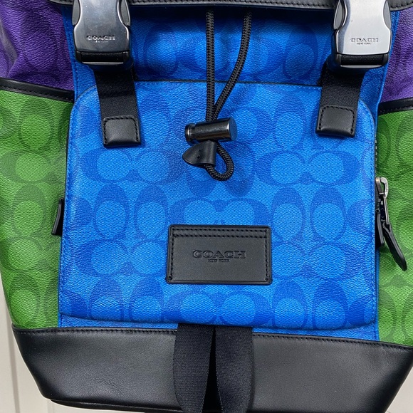 Coach Color Block Track Backpack Signature Leather Bright Blue Men’s - Picture 2 of 11